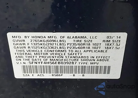2014 Honda Pilot Ex-L z USA, uszkodzony, nr VIN 5FNYF4H56EB039287